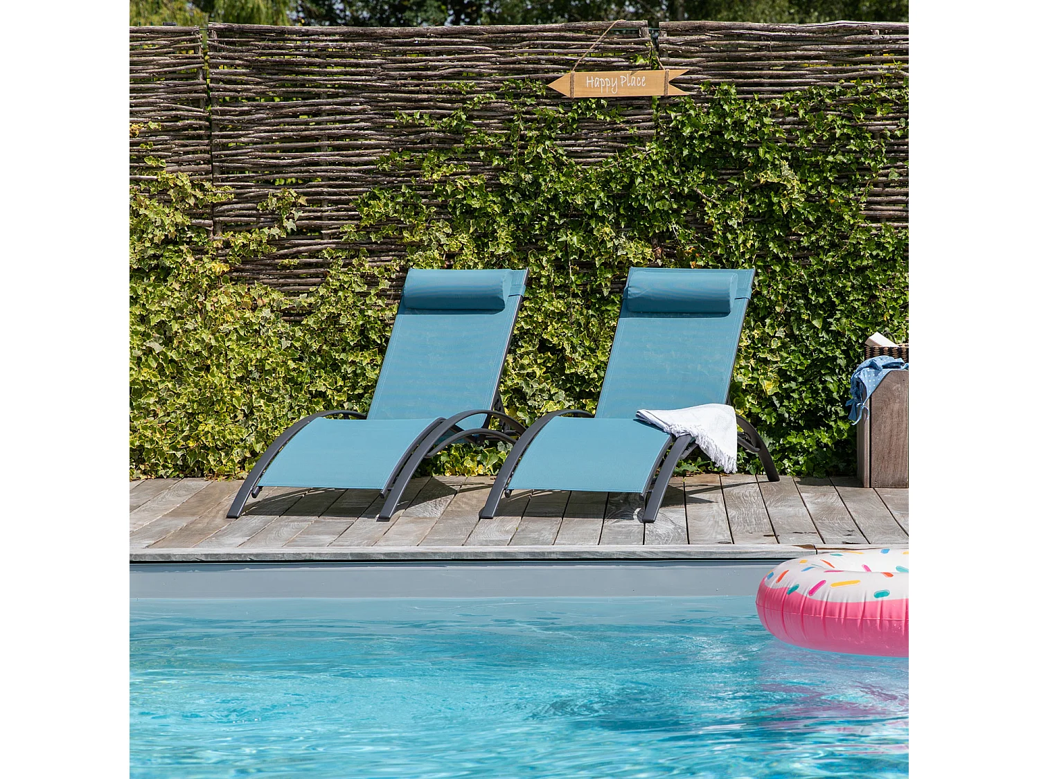 Lot de 2 transats GALAPAGOS en textilène bleu gris - aluminium gris anthracite - HAPPY GARDEN