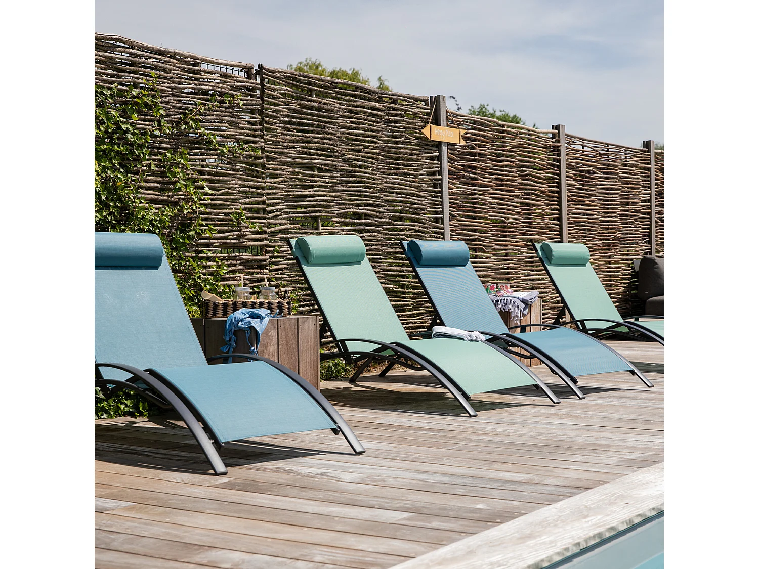 Lot de 2 transats GALAPAGOS en textilène bleu gris - aluminium gris anthracite - HAPPY GARDEN