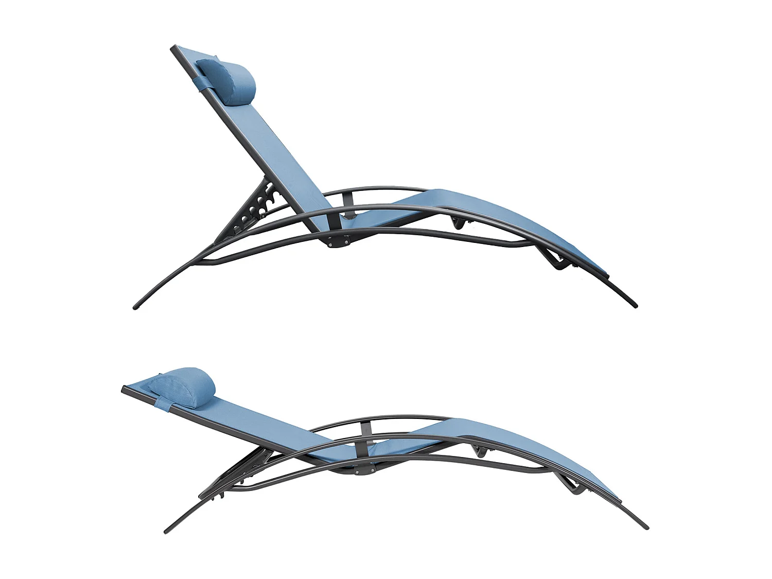 Lot de 2 transats GALAPAGOS en textilène bleu gris - aluminium gris anthracite - HAPPY GARDEN