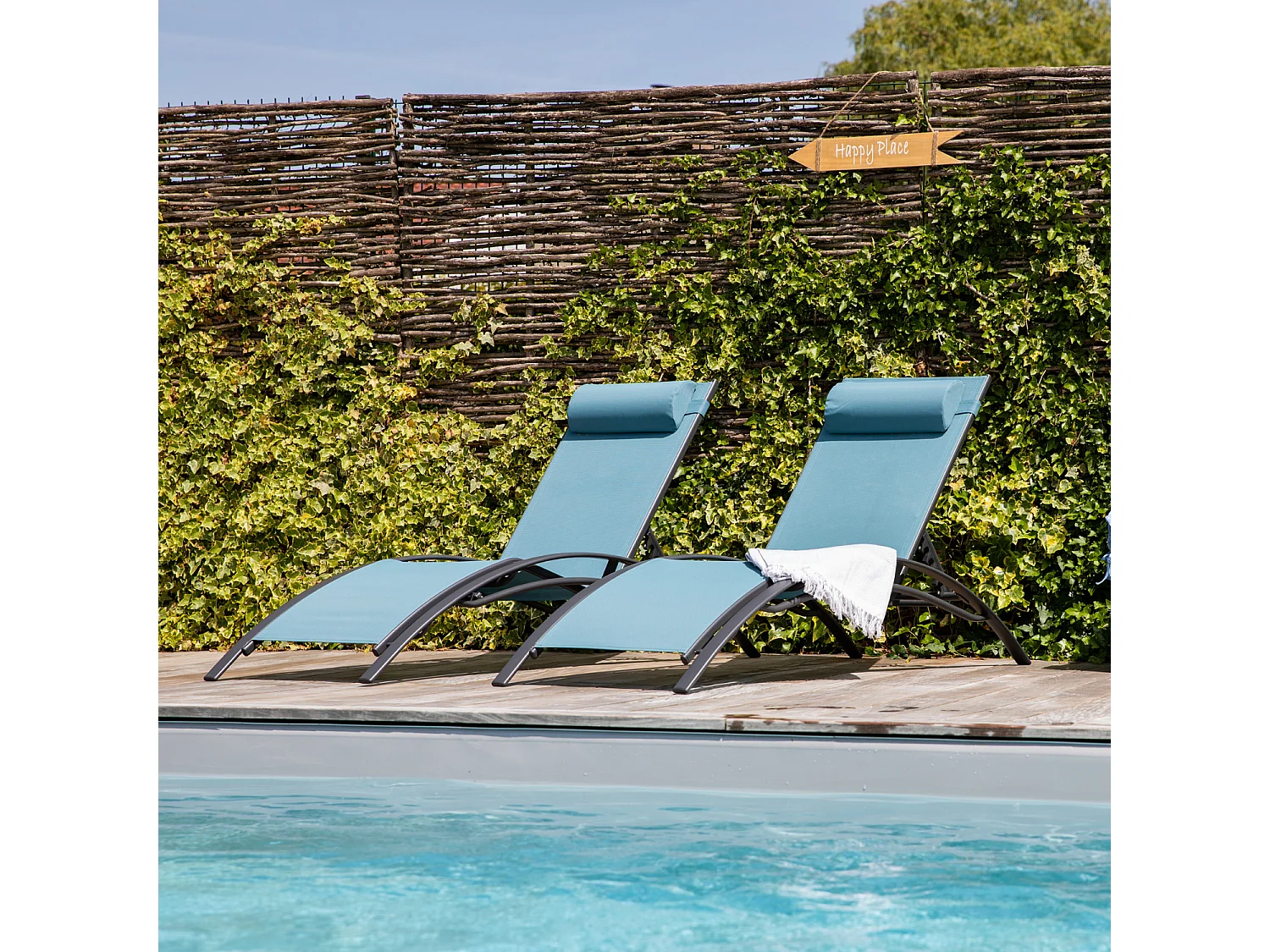 Lot de 2 transats GALAPAGOS en textilène bleu gris - aluminium gris anthracite - HAPPY GARDEN