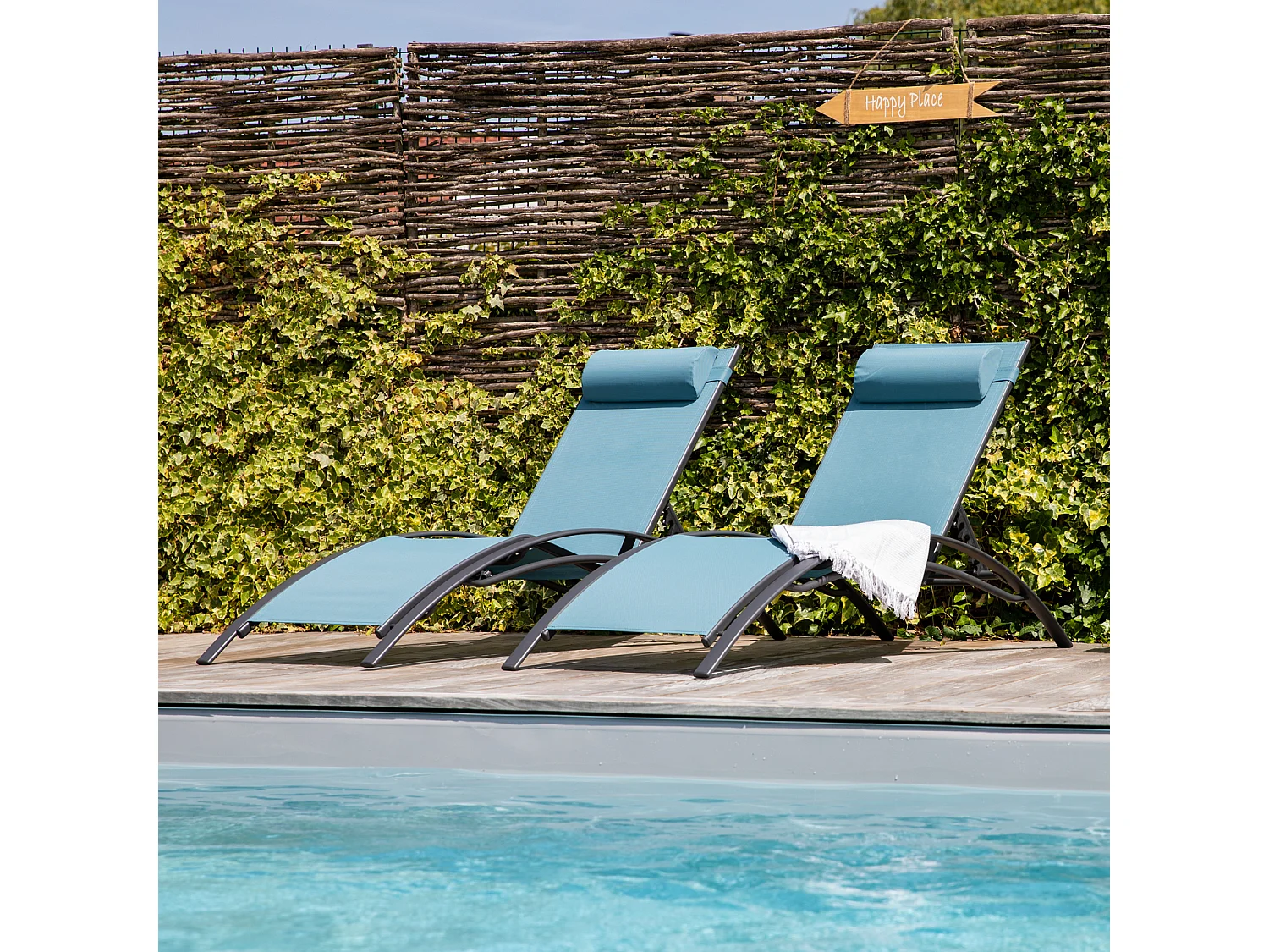 Set van 2 GALAPAGOS ligstoelen in grijs-blauw textilene - antracietgrijs aluminium