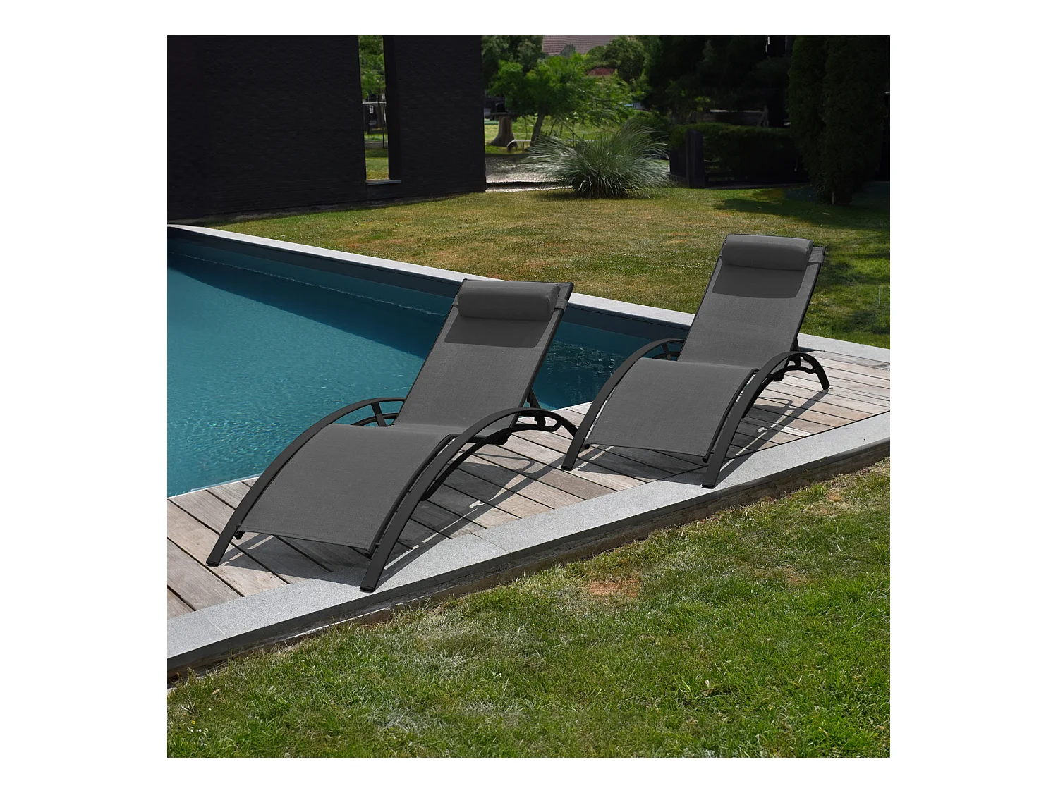 Set van 2 GALAPAGOS ligstoelen in grijs textilene - aluminium grijs antraciet