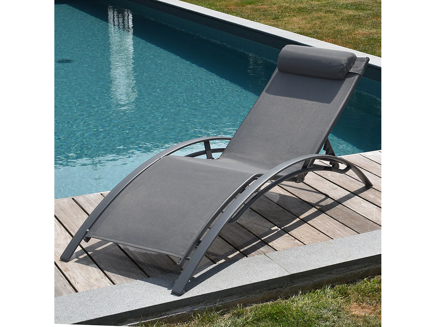 Lot de 2 transats GALAPAGOS en textilène gris - aluminium gris anthracite - HAPPY GARDEN