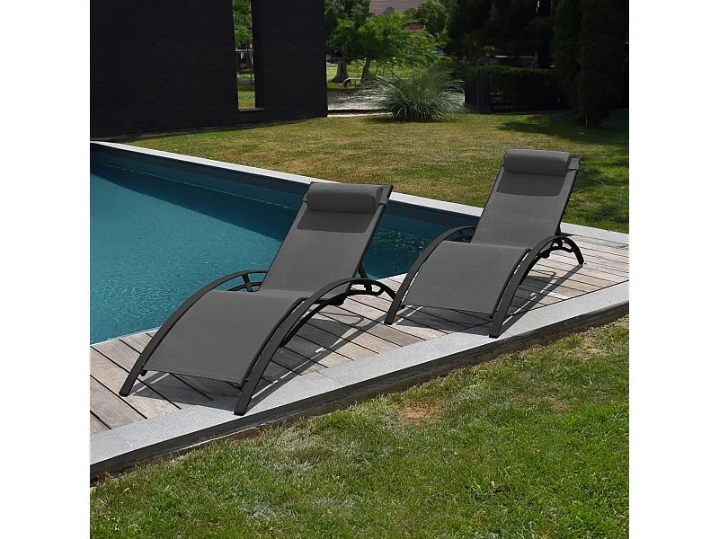 Set van 2 GALAPAGOS ligstoelen in grijs textilene - aluminium grijs antraciet