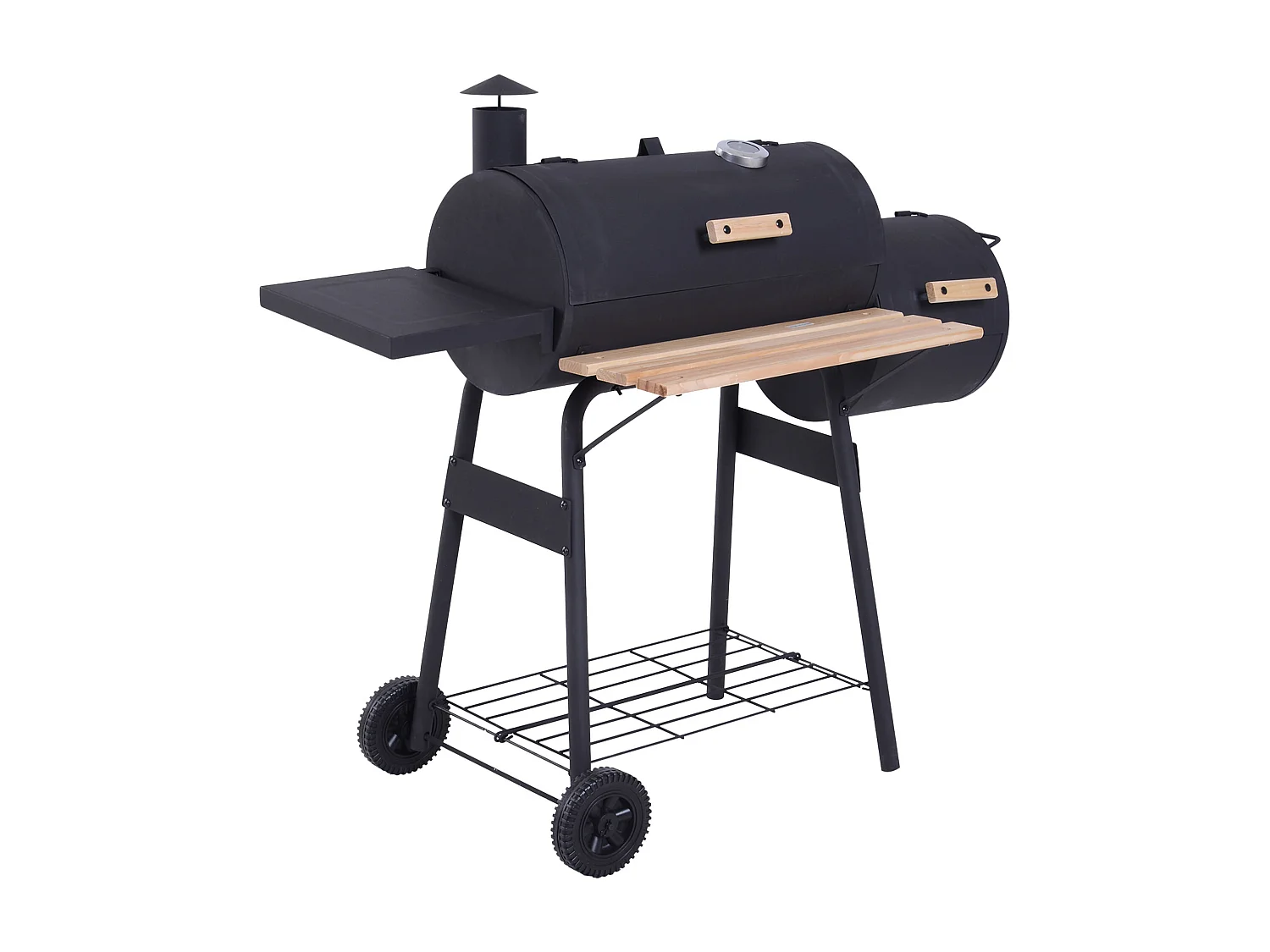 Barbecue à charbon fumoir BBQ grill smoker sur pied avec couvercle, roulettes, thermomètre, étagères  acier laminé à froid noir