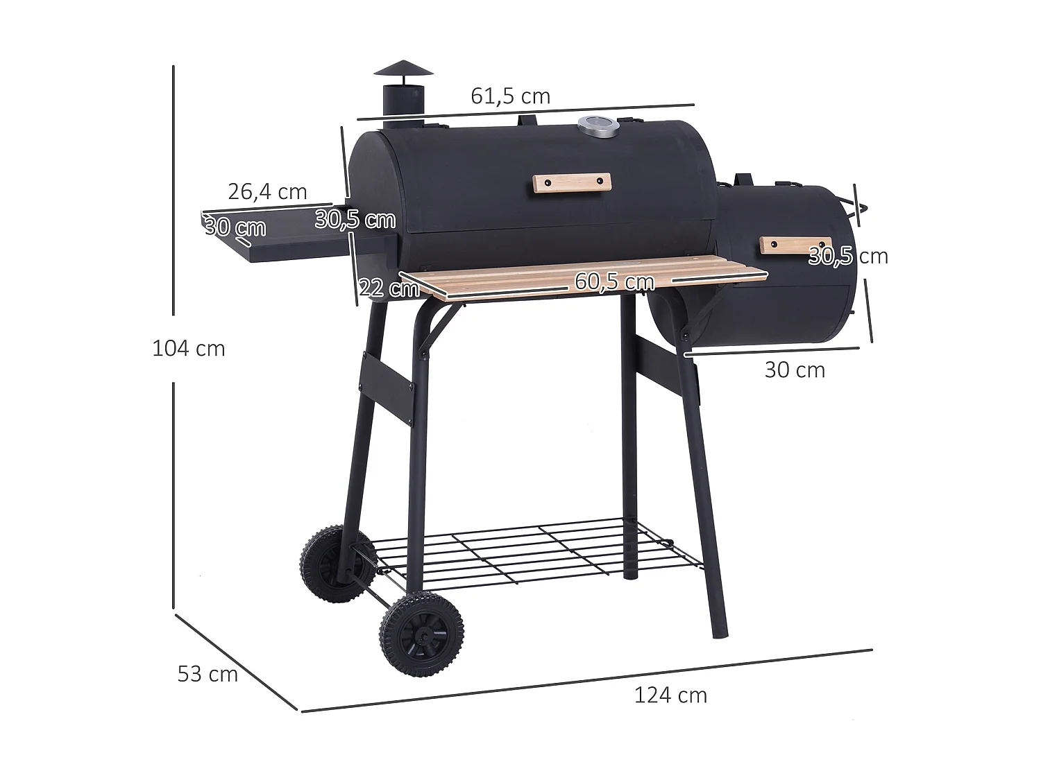 Barbecue à charbon fumoir BBQ grill smoker sur pied avec couvercle, roulettes, thermomètre, étagères  acier laminé à froid noir