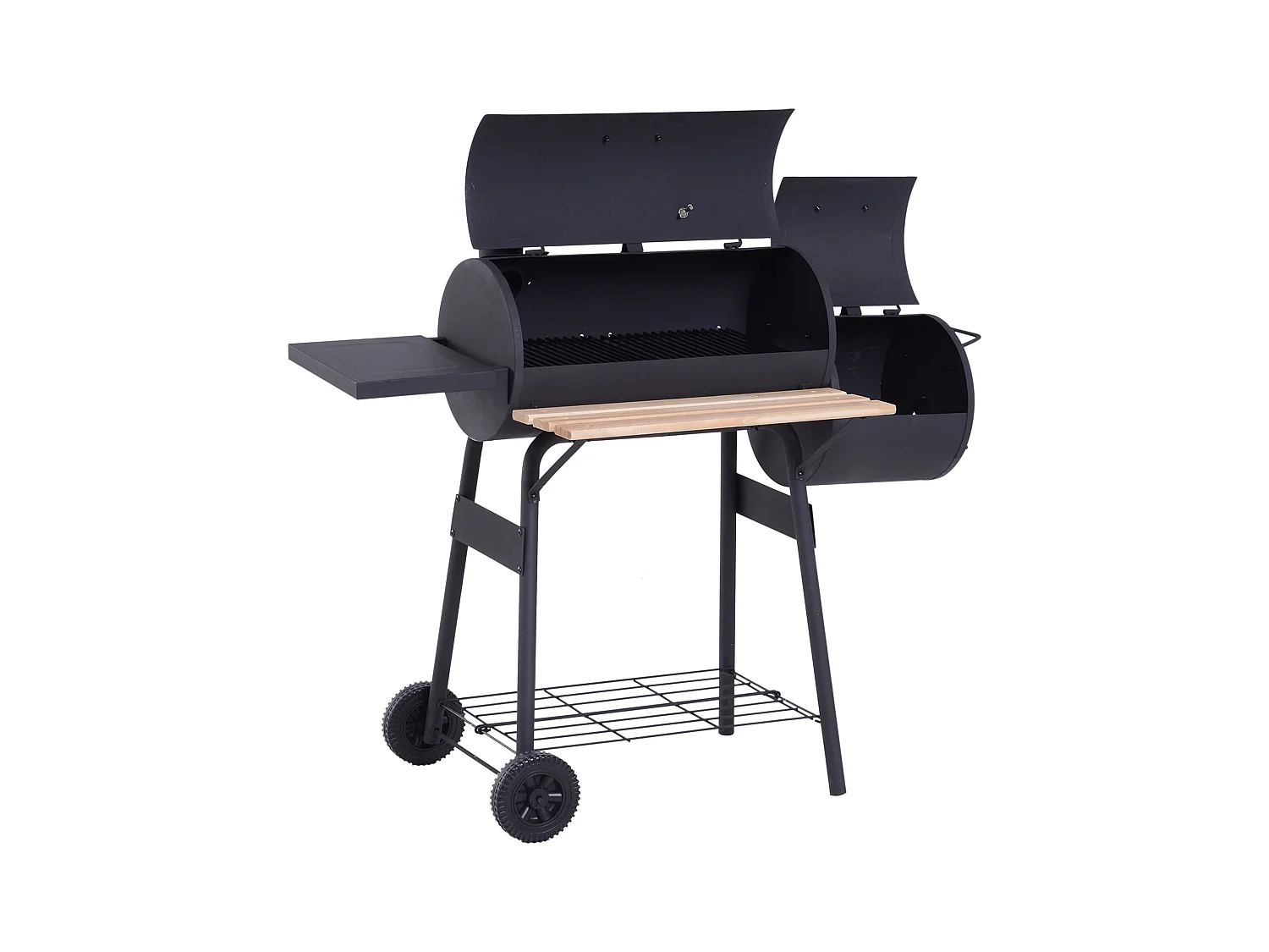 Barbecue à charbon fumoir BBQ grill smoker sur pied avec couvercle, roulettes, thermomètre, étagères  acier laminé à froid noir