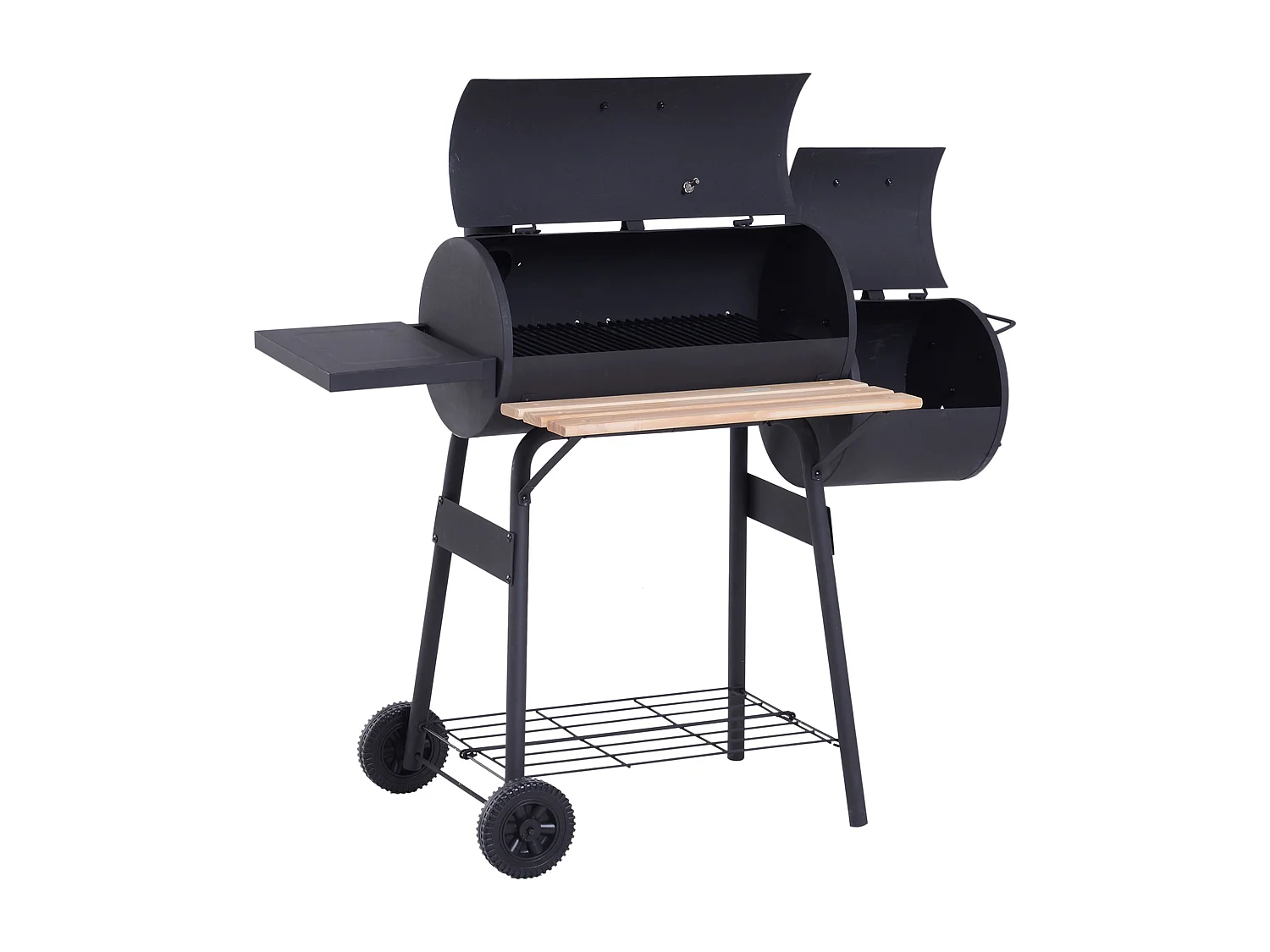 Barbecue à charbon fumoir BBQ grill smoker sur pied avec couvercle, roulettes, thermomètre, étagères  acier laminé à froid noir