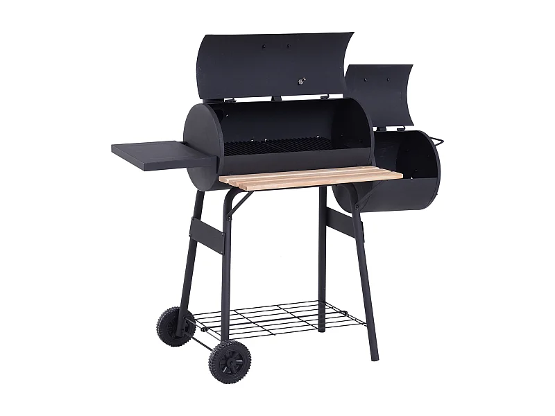 Barbecue à charbon fumoir BBQ grill smoker sur pied avec couvercle, roulettes, thermomètre, étagères  acier laminé à froid noir