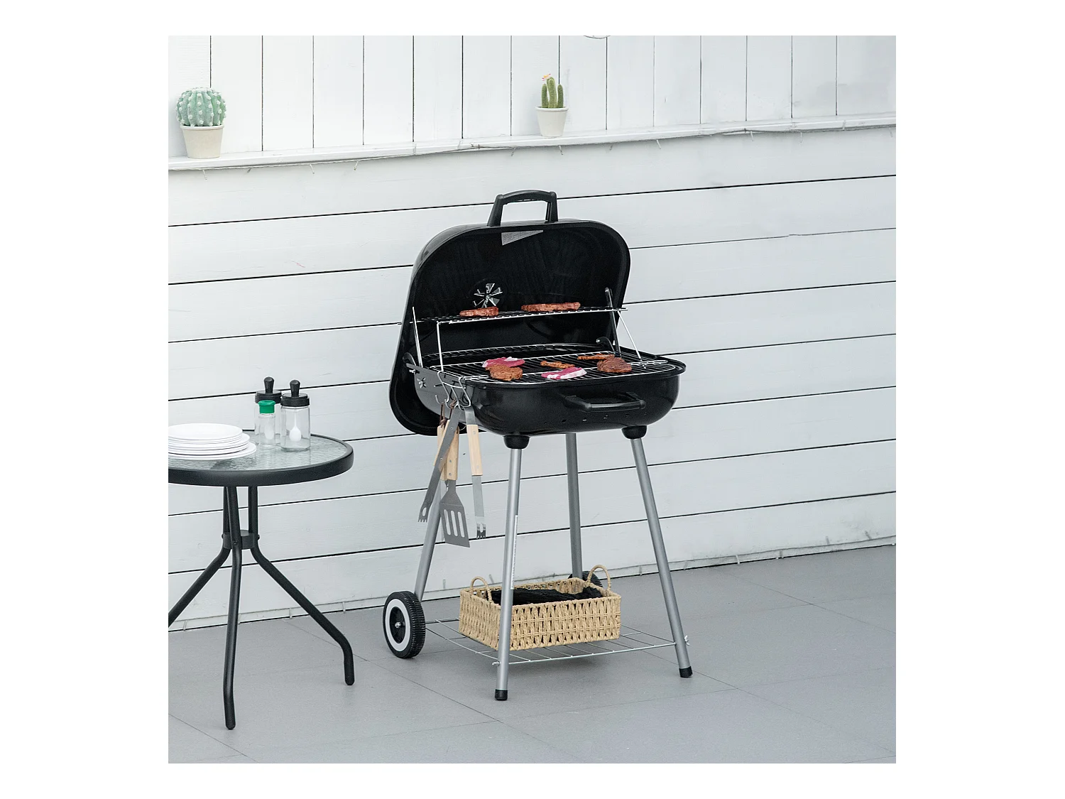 Barbecue à charbon - BBQ grill sur pied avec couvercle, roulettes - étagère, 3 crochets, 3 ustensiles, 2 grilles - acier émaillé noir