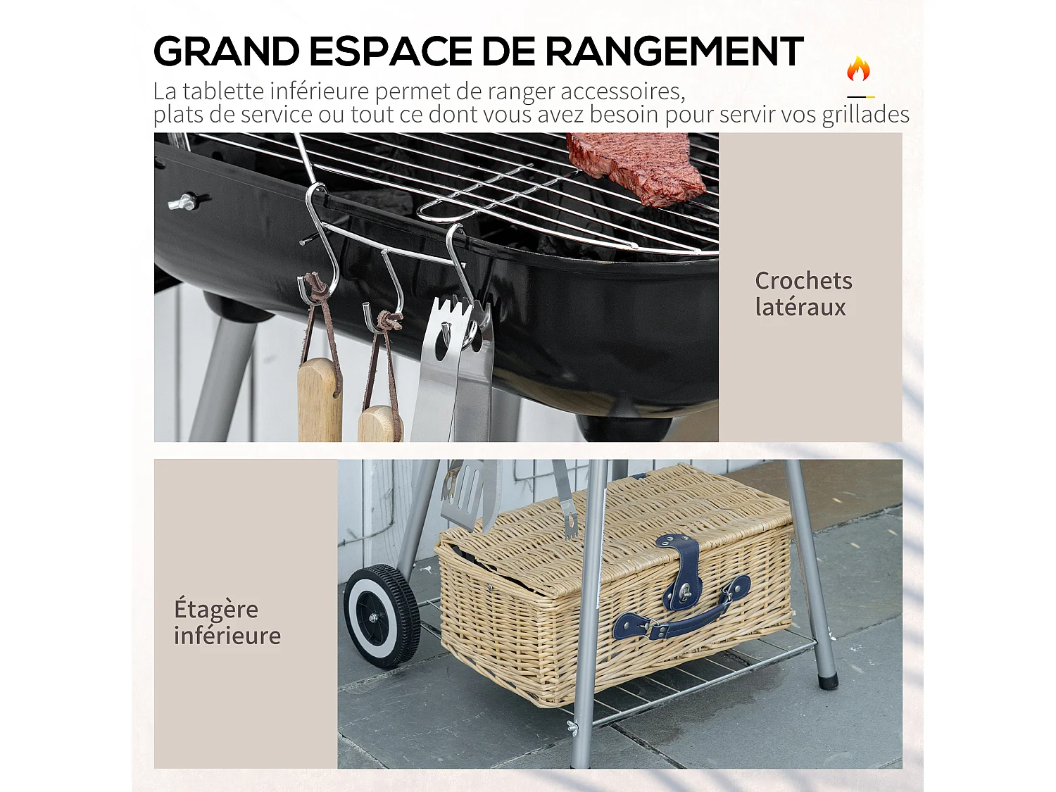 Barbecue à charbon - BBQ grill sur pied avec couvercle, roulettes - étagère, 3 crochets, 3 ustensiles, 2 grilles - acier émaillé noir