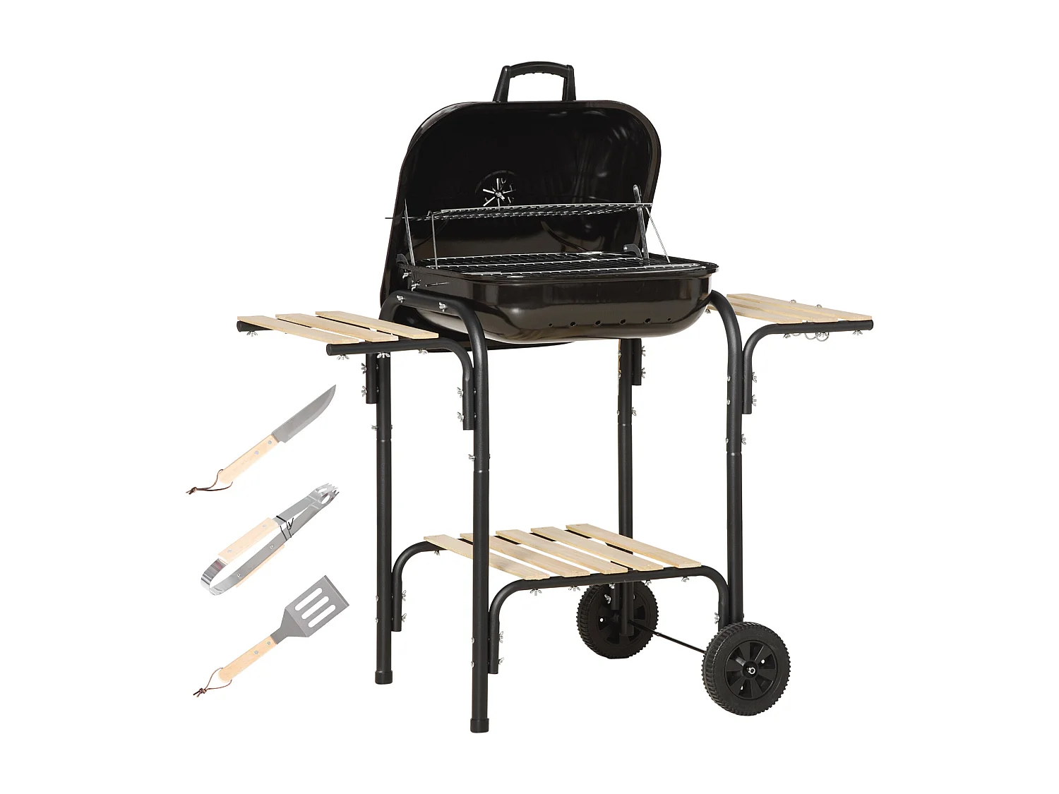 Barbecue à charbon - BBQ grill sur pied avec couvercle, roulettes - 3 étagères, 3 crochets, 3 ustensiles, 2 grilles, cuve charbon amovible - bois acier émaillé noir