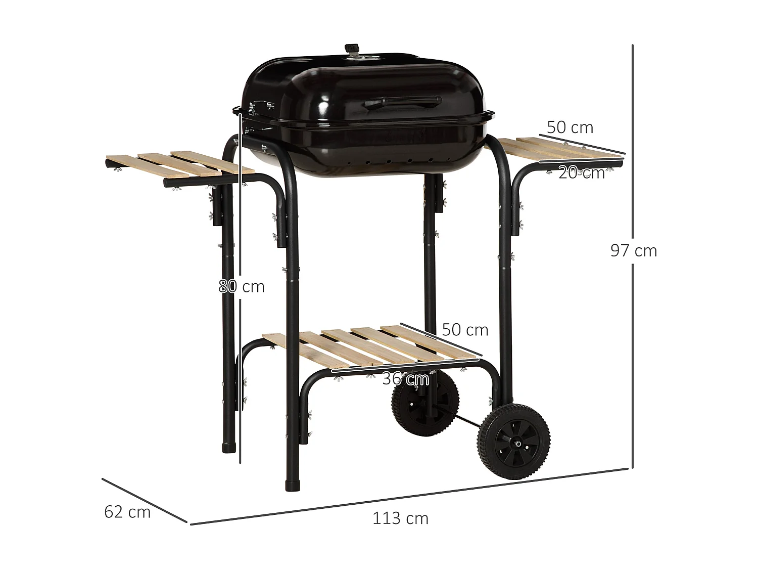 Barbecue à charbon - BBQ grill sur pied avec couvercle, roulettes - 3 étagères, 3 crochets, 3 ustensiles, 2 grilles, cuve charbon amovible - bois acier émaillé noir