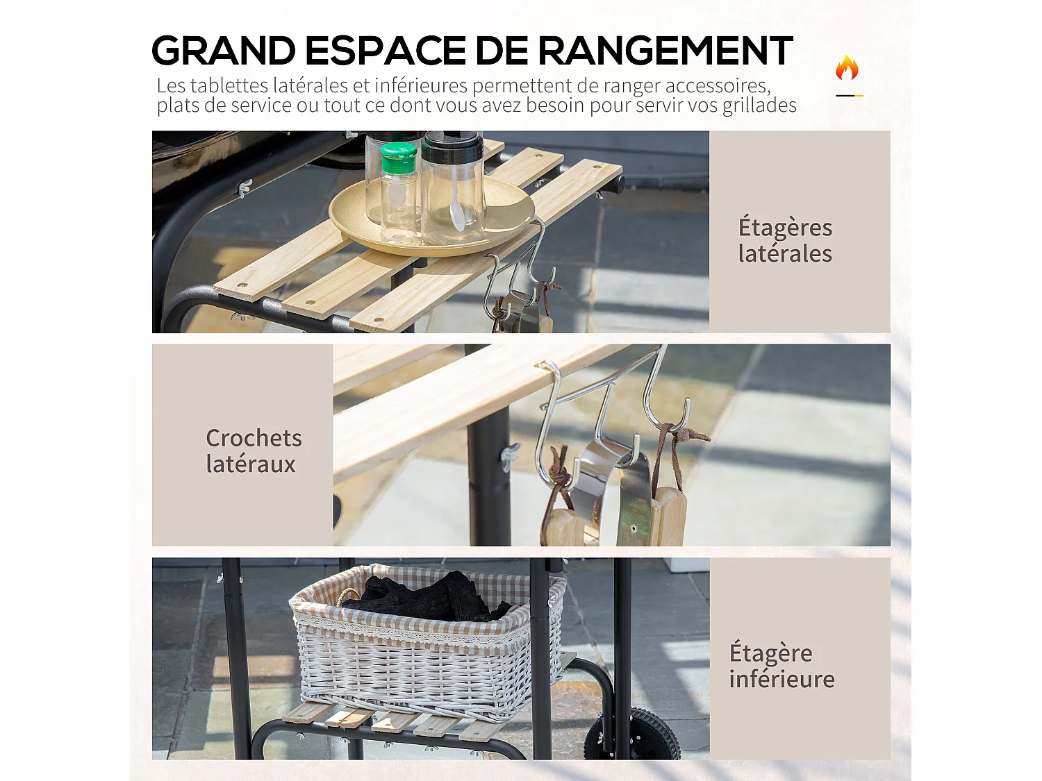 Barbecue à charbon - BBQ grill sur pied avec couvercle, roulettes - 3 étagères, 3 crochets, 3 ustensiles, 2 grilles, cuve charbon amovible - bois acier émaillé noir