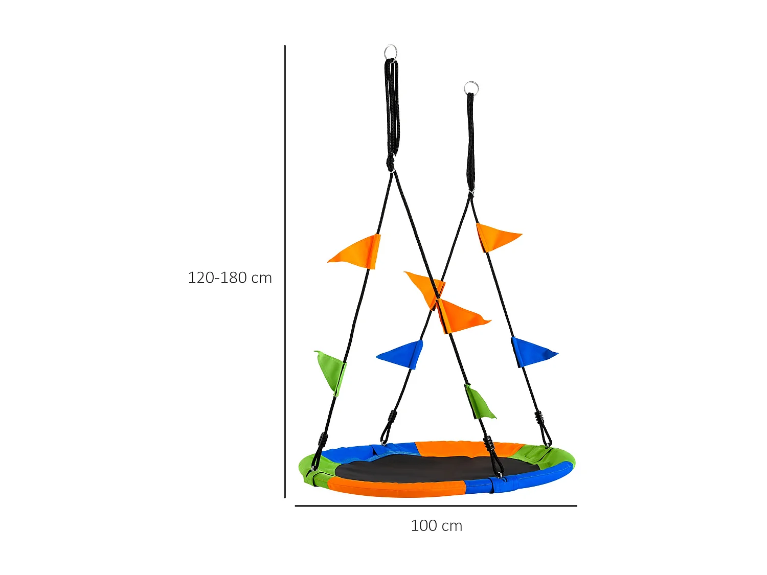 Balançoire nid d'oiseau ronde balançoire panier Ø 100 cm 2 anneaux inclus métal époxy PP Oxford haute densité drapeaux multicolores