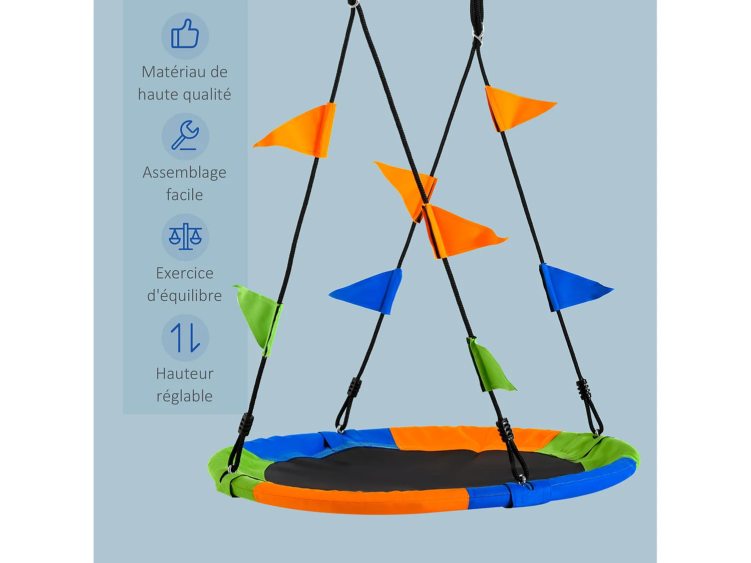 Balançoire nid d'oiseau ronde balançoire panier Ø 100 cm 2 anneaux inclus métal époxy PP Oxford haute densité drapeaux multicolores