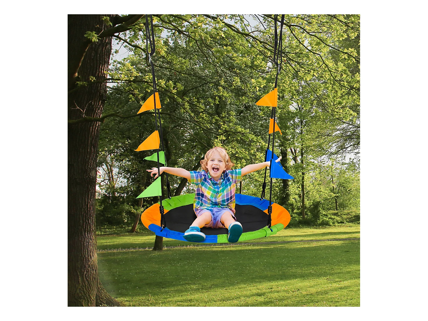 Balançoire nid d'oiseau ronde balançoire panier Ø 100 cm 2 anneaux inclus métal époxy PP Oxford haute densité drapeaux multicolores