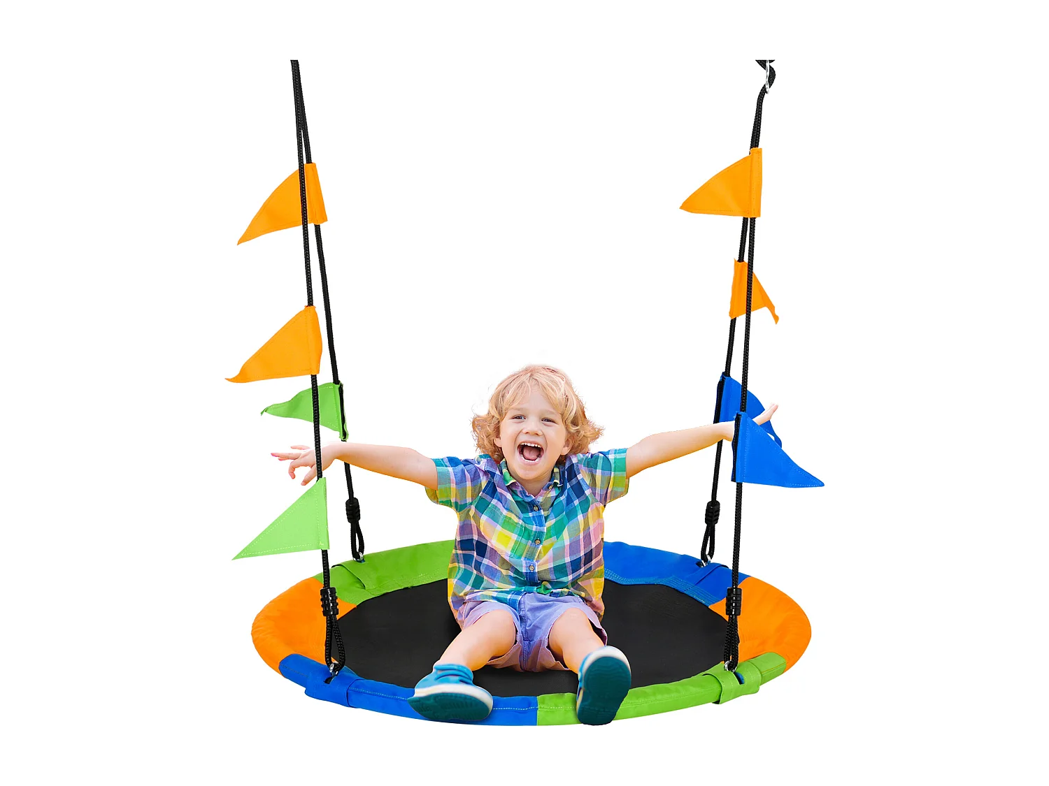 Balançoire nid d'oiseau ronde balançoire panier Ø 100 cm 2 anneaux inclus métal époxy PP Oxford haute densité drapeaux multicolores