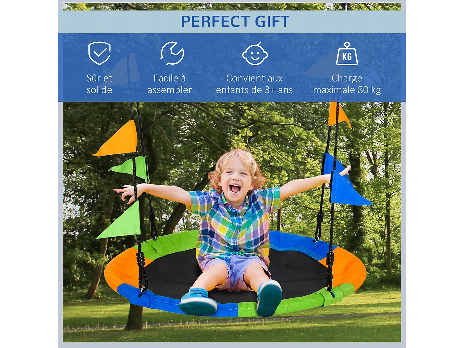 Balançoire nid d'oiseau ronde balançoire panier Ø 100 cm 2 anneaux inclus métal époxy PP Oxford haute densité drapeaux multicolores