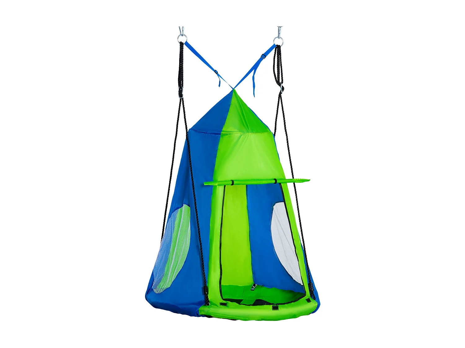 Balançoire nid d'oiseau ronde balançoire panier Ø 1 x 1,8H m - tente amovible incluse - 4 anneaux inclus métal époxy Oxford haute densité bleu vert