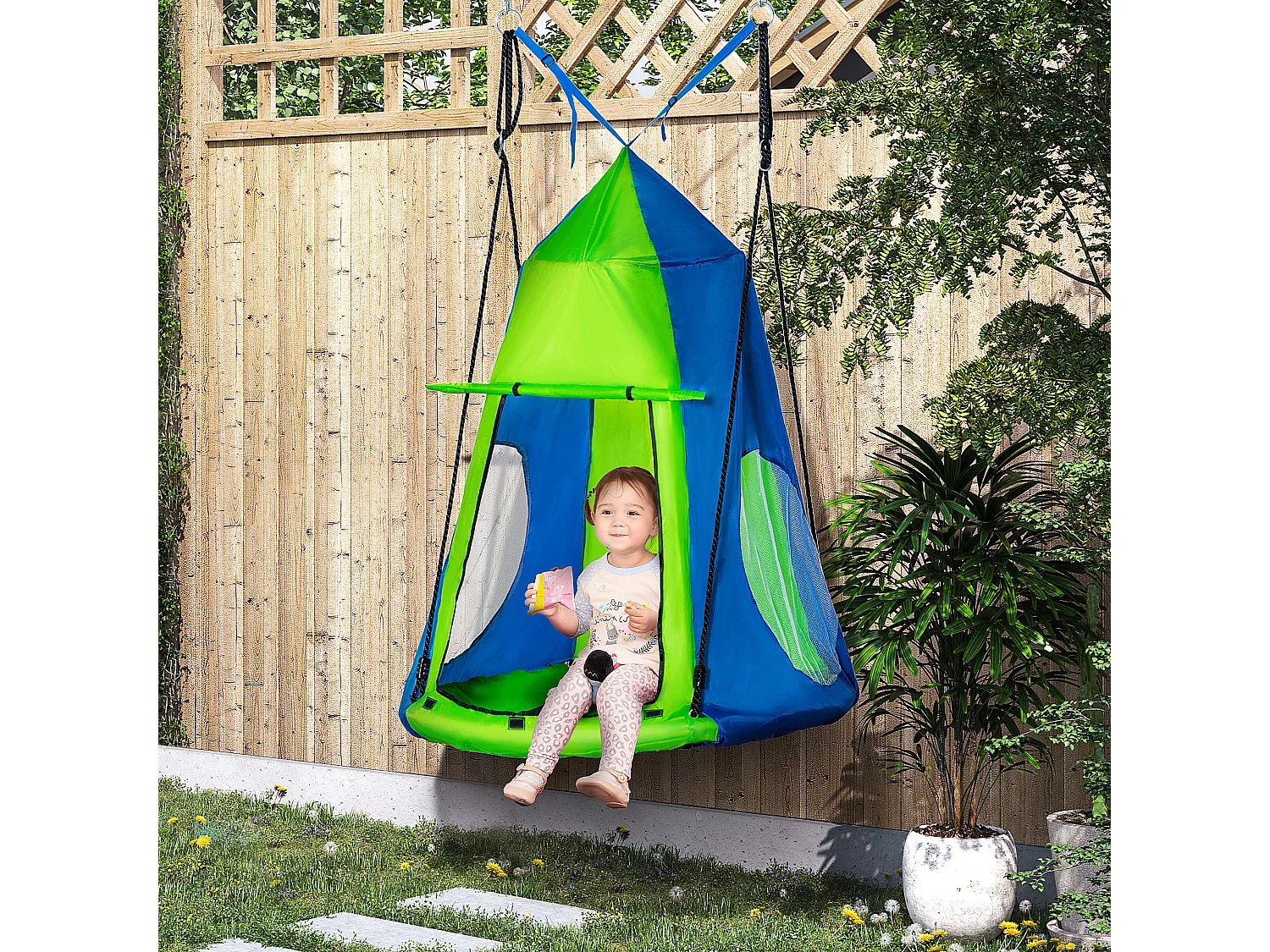 Balançoire nid d'oiseau ronde balançoire panier Ø 1 x 1,8H m - tente amovible incluse - 4 anneaux inclus métal époxy Oxford haute densité bleu vert