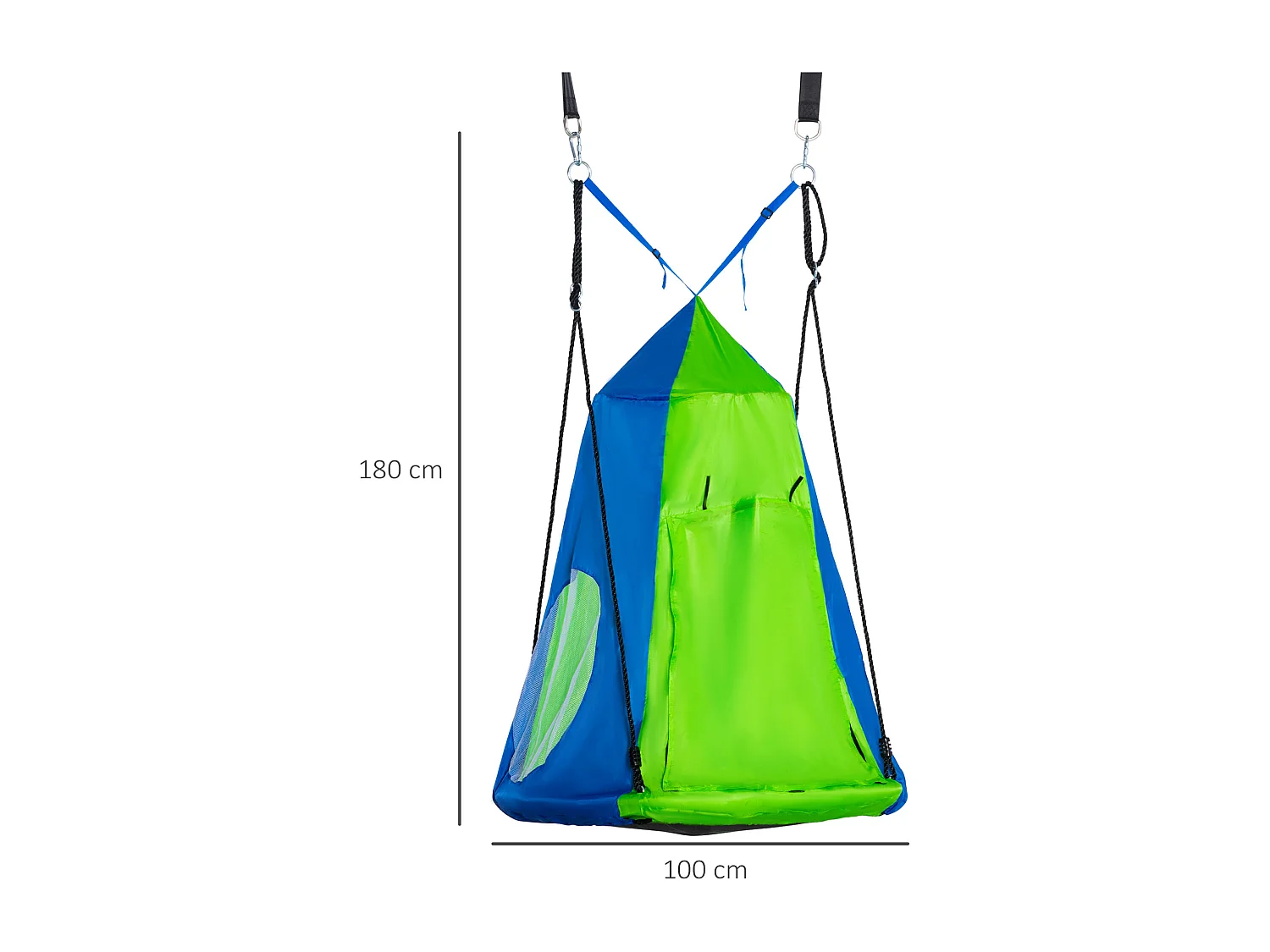 Balançoire nid d'oiseau ronde balançoire panier Ø 1 x 1,8H m - tente amovible incluse - 4 anneaux inclus métal époxy Oxford haute densité bleu vert