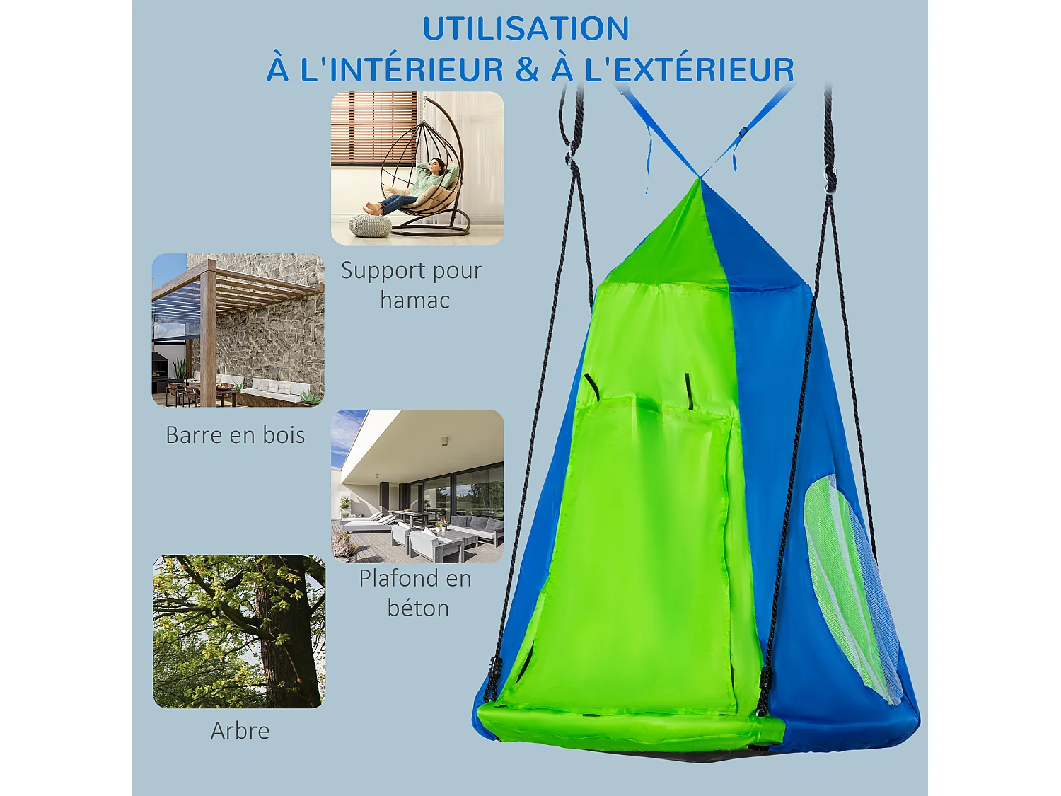 Balançoire nid d'oiseau ronde balançoire panier Ø 1 x 1,8H m - tente amovible incluse - 4 anneaux inclus métal époxy Oxford haute densité bleu vert