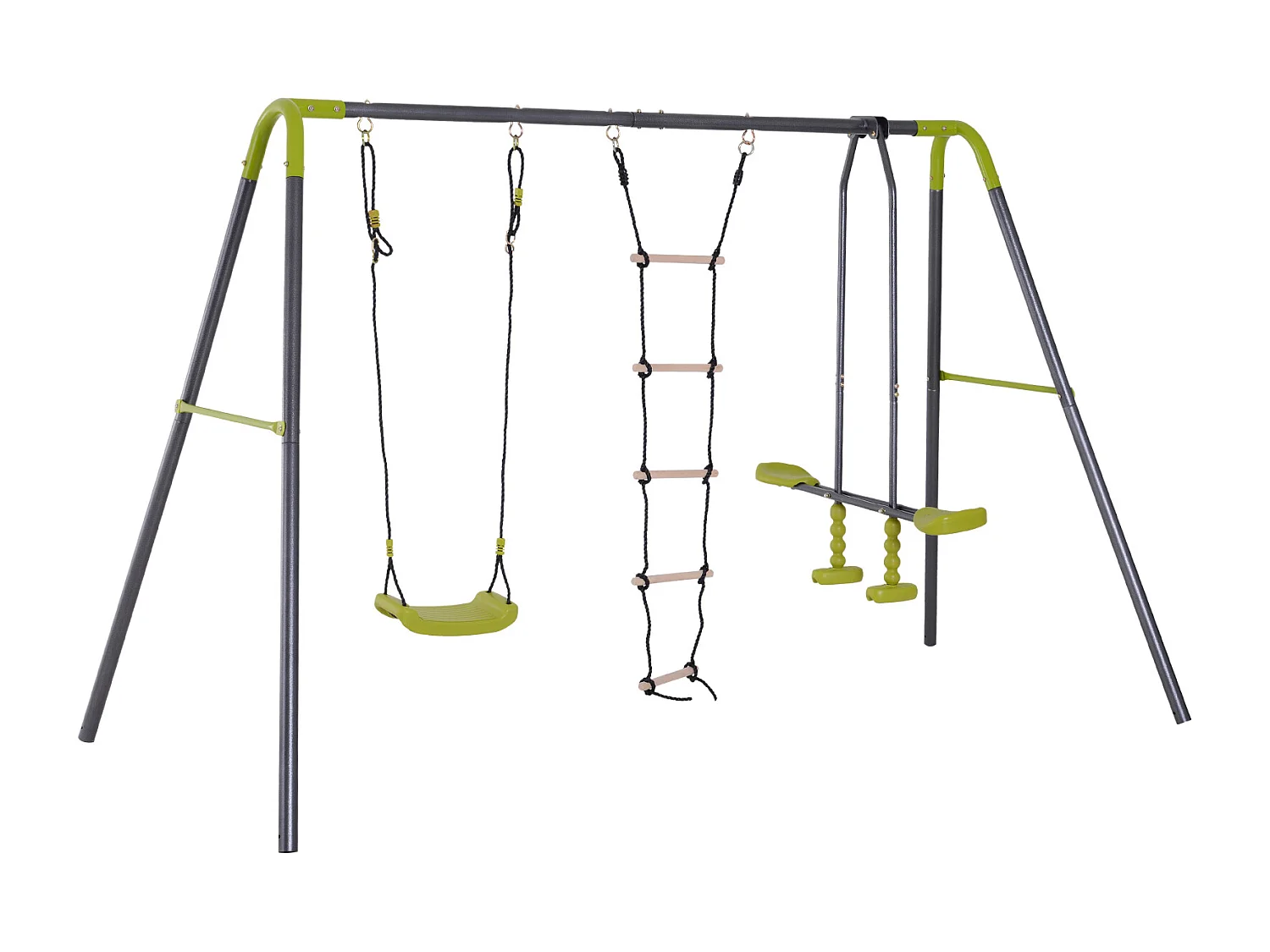 Balançoire 3 agrès portique avec balançoire, échelle et face à face dim. 2,95L x 1,38l x 1,75H m métal époxy anticorrosion PE gris anthracite vert pomme