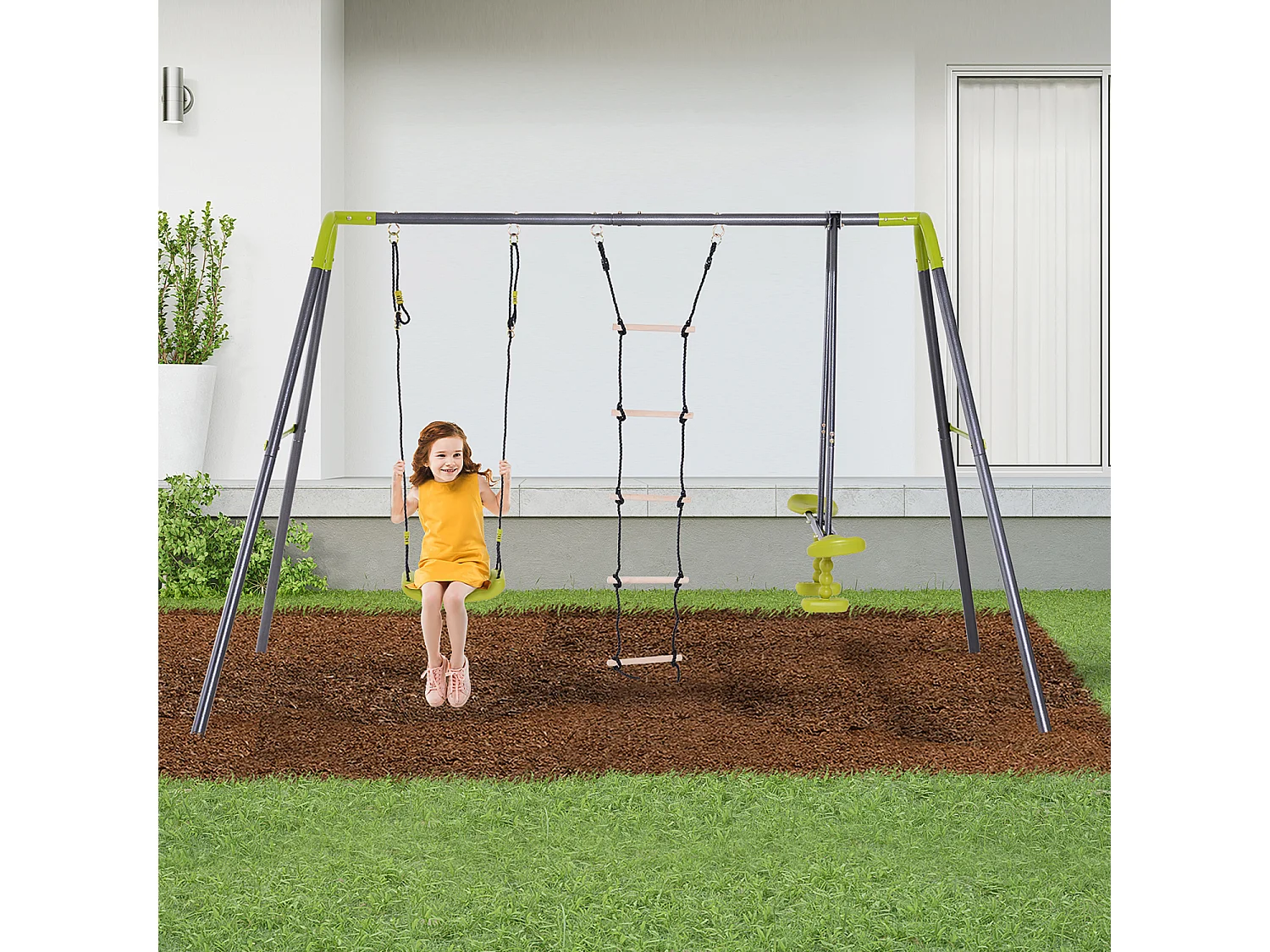 Balançoire 3 agrès portique avec balançoire, échelle et face à face dim. 2,95L x 1,38l x 1,75H m métal époxy anticorrosion PE gris anthracite vert pomme