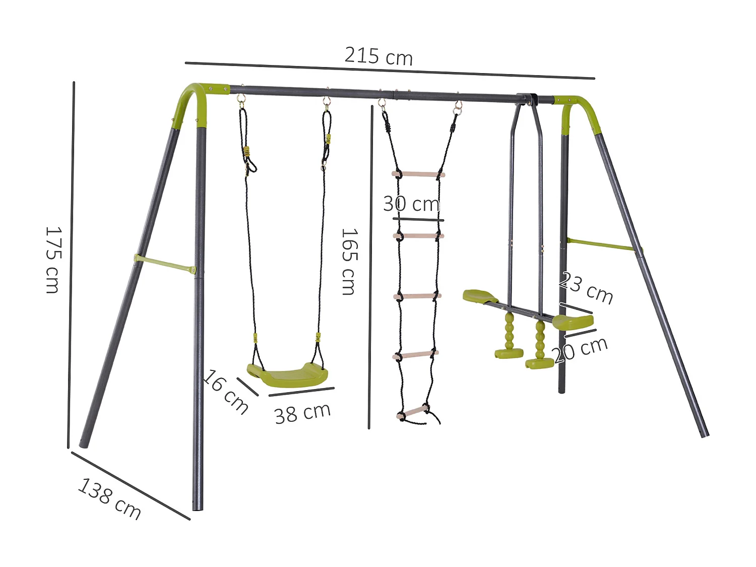 Balançoire 3 agrès portique avec balançoire, échelle et face à face dim. 2,95L x 1,38l x 1,75H m métal époxy anticorrosion PE gris anthracite vert pomme