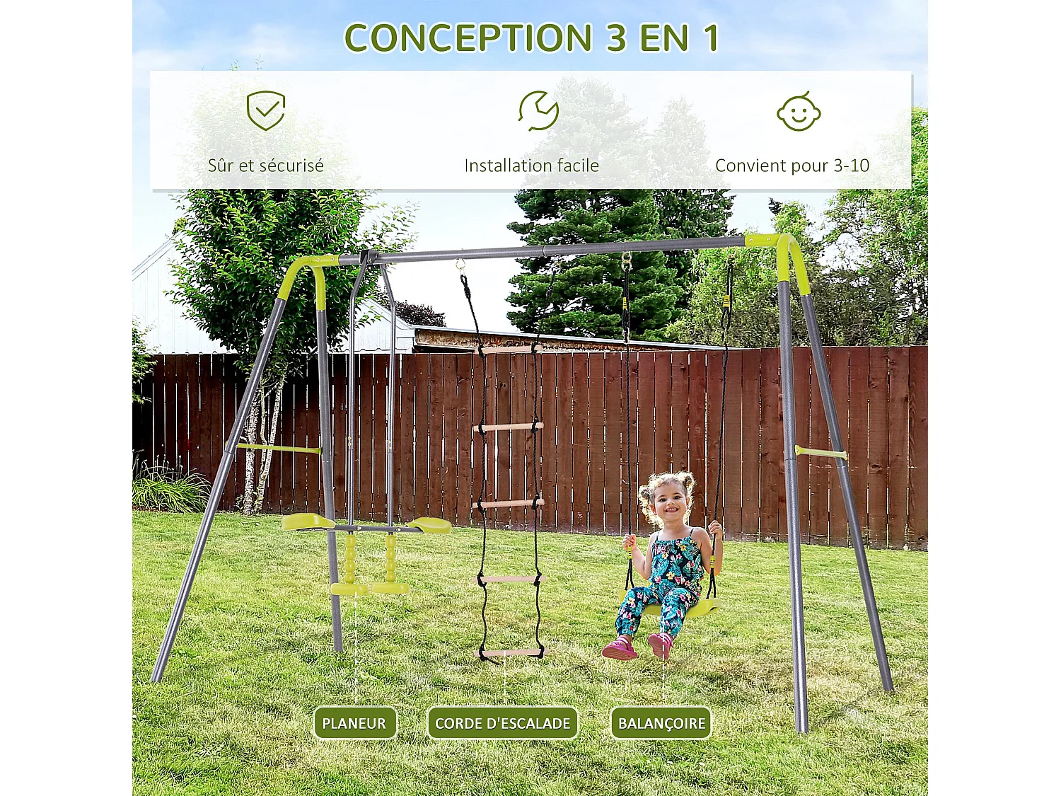 Balançoire 3 agrès portique avec balançoire, échelle et face à face dim. 2,95L x 1,38l x 1,75H m métal époxy anticorrosion PE gris anthracite vert pomme