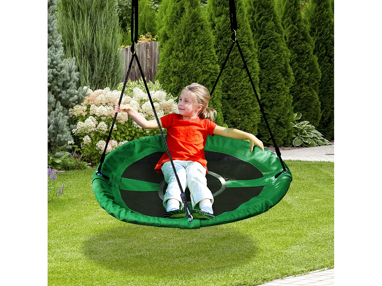 Balançoire nid d'oiseau ronde balançoire panier Ø 100 x 4,5H cm 4 anneaux inclus métal époxy Oxford haute densité 300D vert