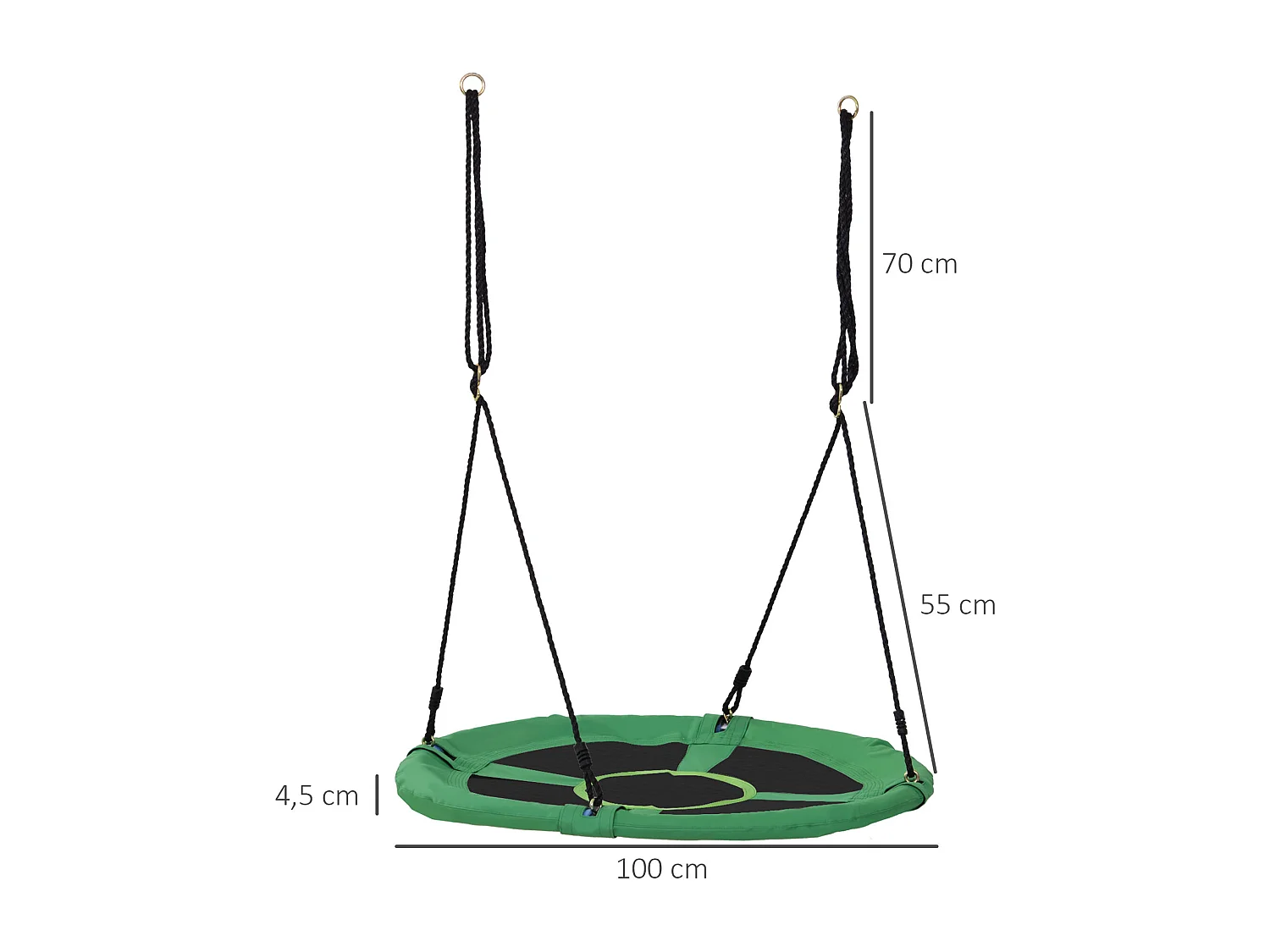 Balançoire nid d'oiseau ronde balançoire panier Ø 100 x 4,5H cm 4 anneaux inclus métal époxy Oxford haute densité 300D vert