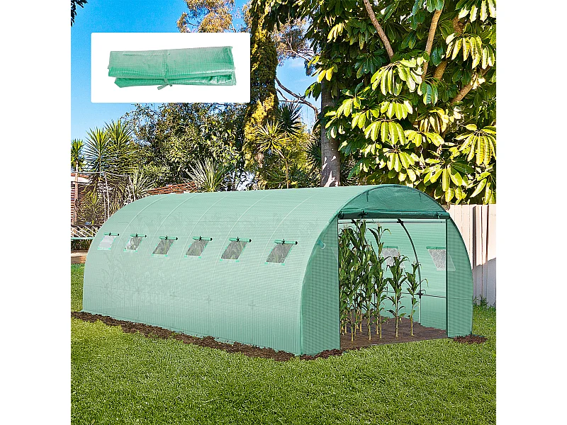 Bâche de rechange serre tunnel 18 m², bâche dim. 6L x 3l x 2H m PE anti-UV imperméable 12 fenêtres + porte enroulable zippée vert