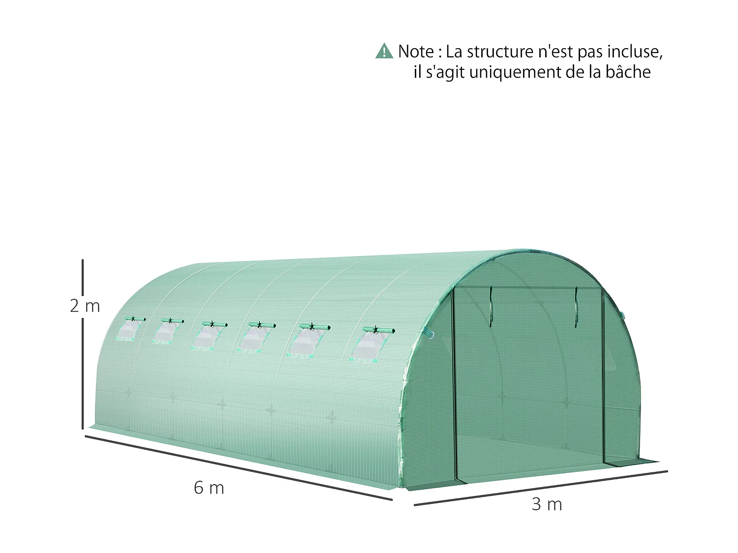 Bâche de rechange serre tunnel 18 m², bâche dim. 6L x 3l x 2H m PE anti-UV imperméable 12 fenêtres + porte enroulable zippée vert