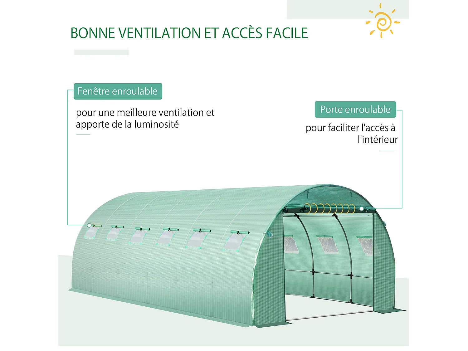 Bâche de rechange serre tunnel 18 m², bâche dim. 6L x 3l x 2H m PE anti-UV imperméable 12 fenêtres + porte enroulable zippée vert