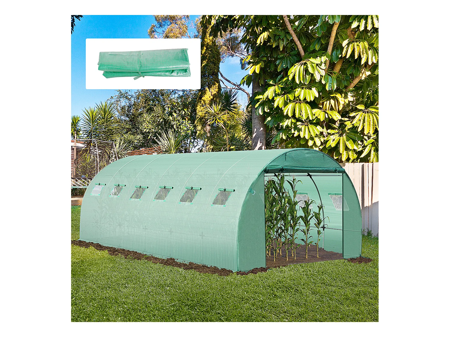 Bâche de rechange serre tunnel 18 m², bâche dim. 6L x 3l x 2H m PE anti-UV imperméable 12 fenêtres + porte enroulable zippée vert