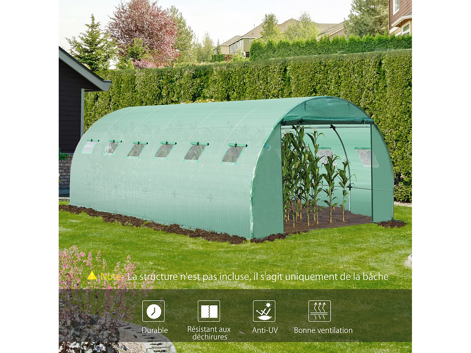 Bâche de rechange serre tunnel 18 m², bâche dim. 6L x 3l x 2H m PE anti-UV imperméable 12 fenêtres + porte enroulable zippée vert