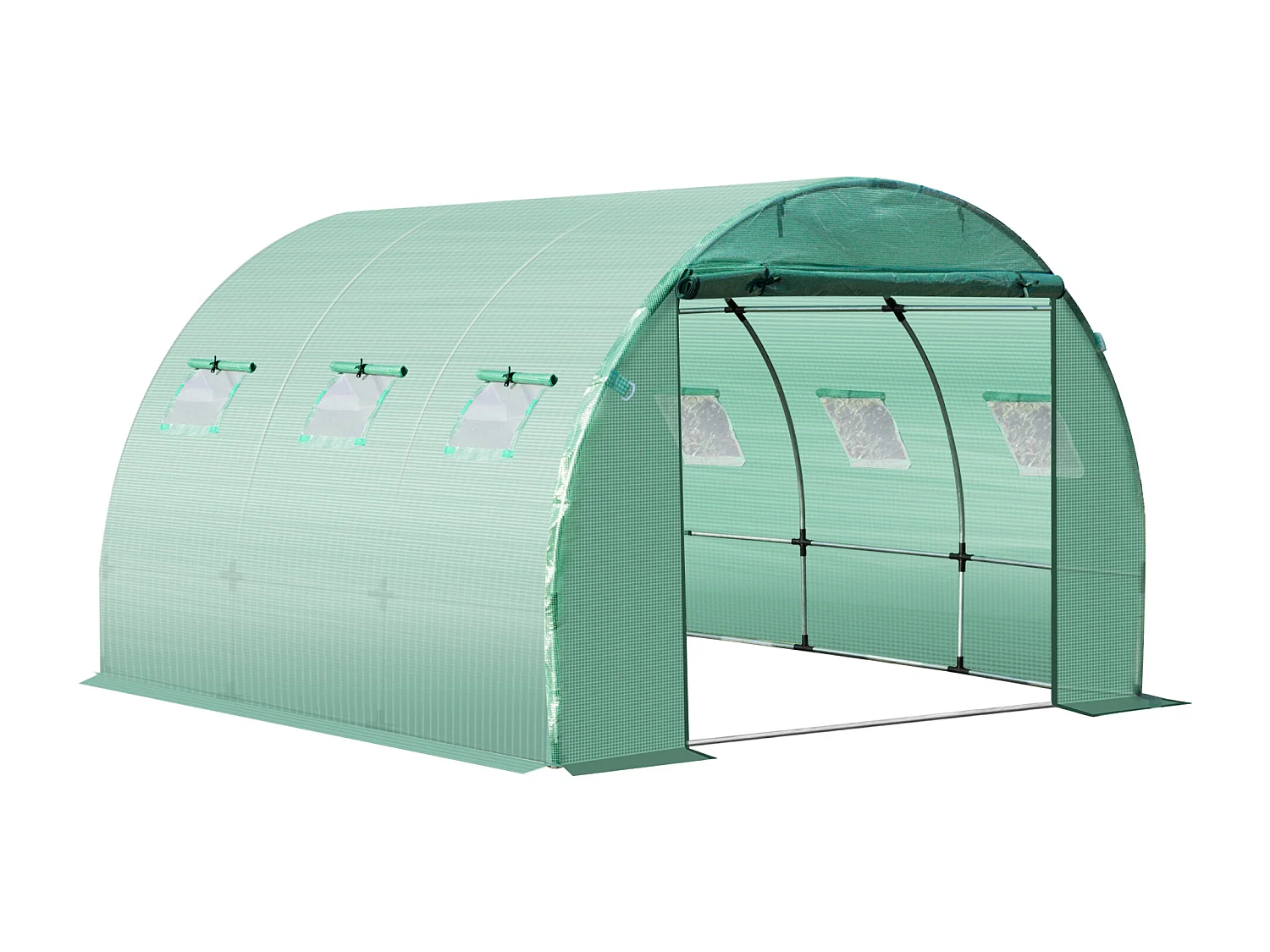 Bâche de rechange serre tunnel 9 m², bâche dim. 3L x 3l x 2H m PE anti-UV imperméable 6 fenêtres + porte enroulable zippée vert