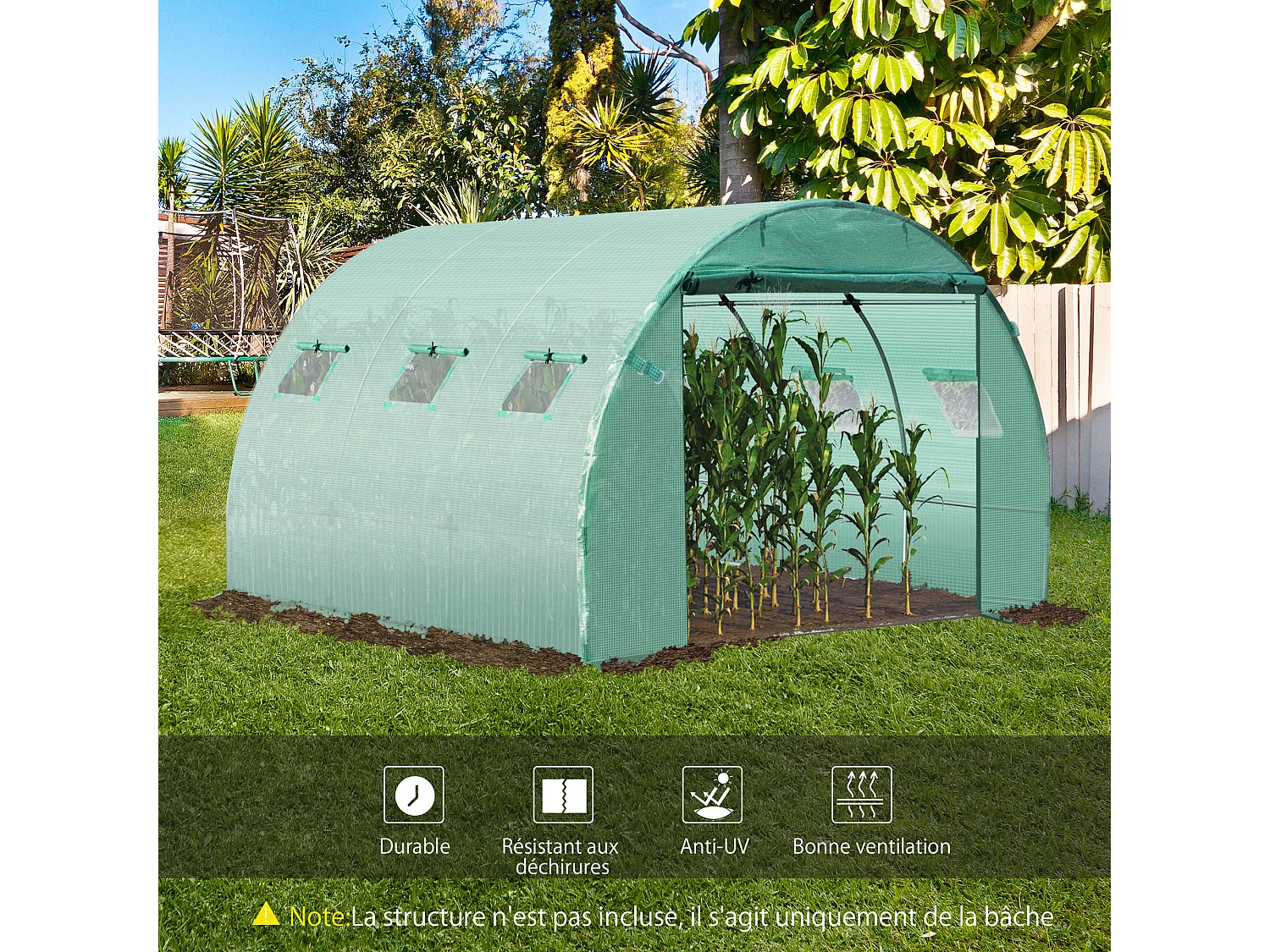 Bâche de rechange serre tunnel 9 m², bâche dim. 3L x 3l x 2H m PE anti-UV imperméable 6 fenêtres + porte enroulable zippée vert