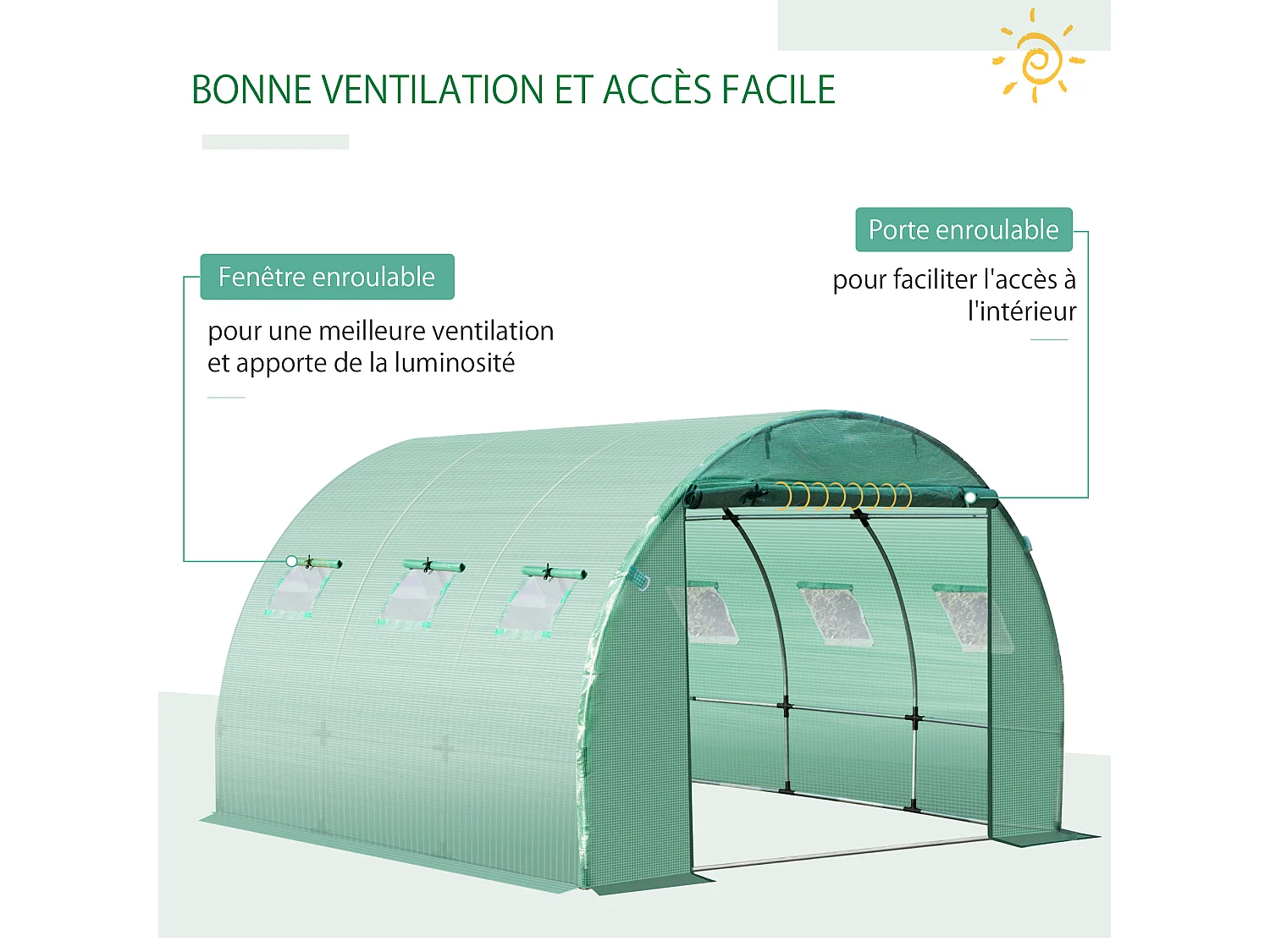 Bâche de rechange serre tunnel 9 m², bâche dim. 3L x 3l x 2H m PE anti-UV imperméable 6 fenêtres + porte enroulable zippée vert