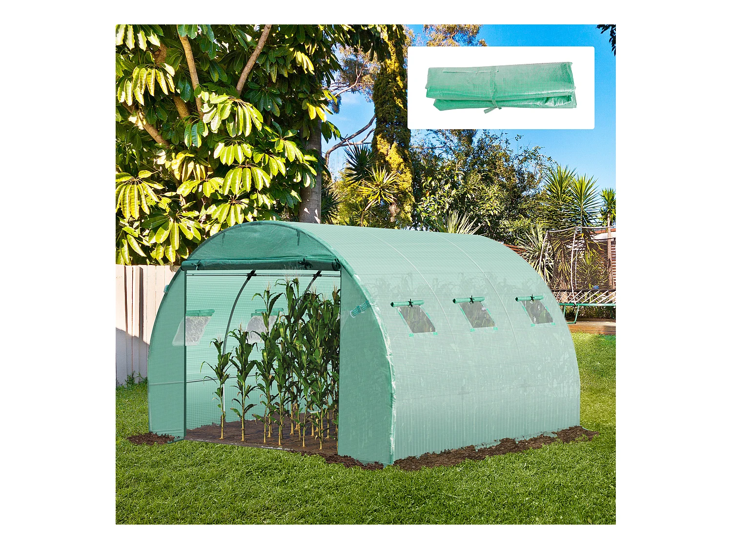 Bâche de rechange serre tunnel 9 m², bâche dim. 3L x 3l x 2H m PE anti-UV imperméable 6 fenêtres + porte enroulable zippée vert