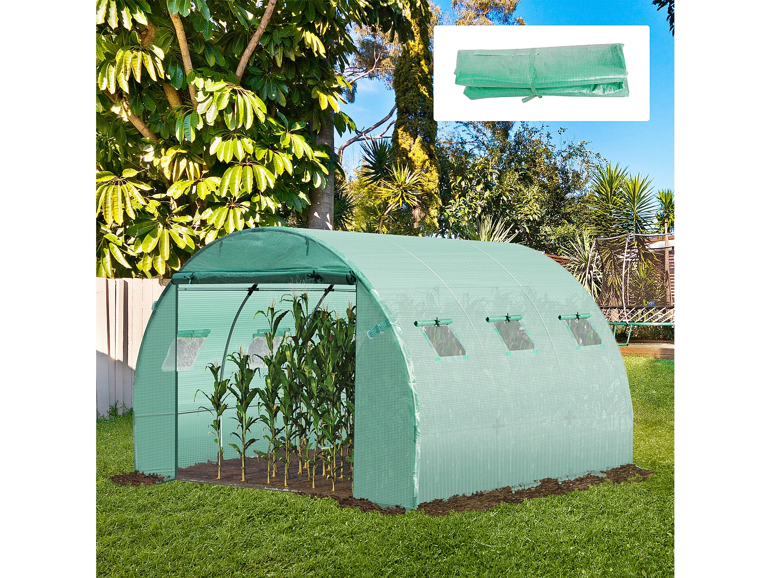 Bâche de rechange serre tunnel 9 m², bâche dim. 3L x 3l x 2H m PE anti-UV imperméable 6 fenêtres + porte enroulable zippée vert