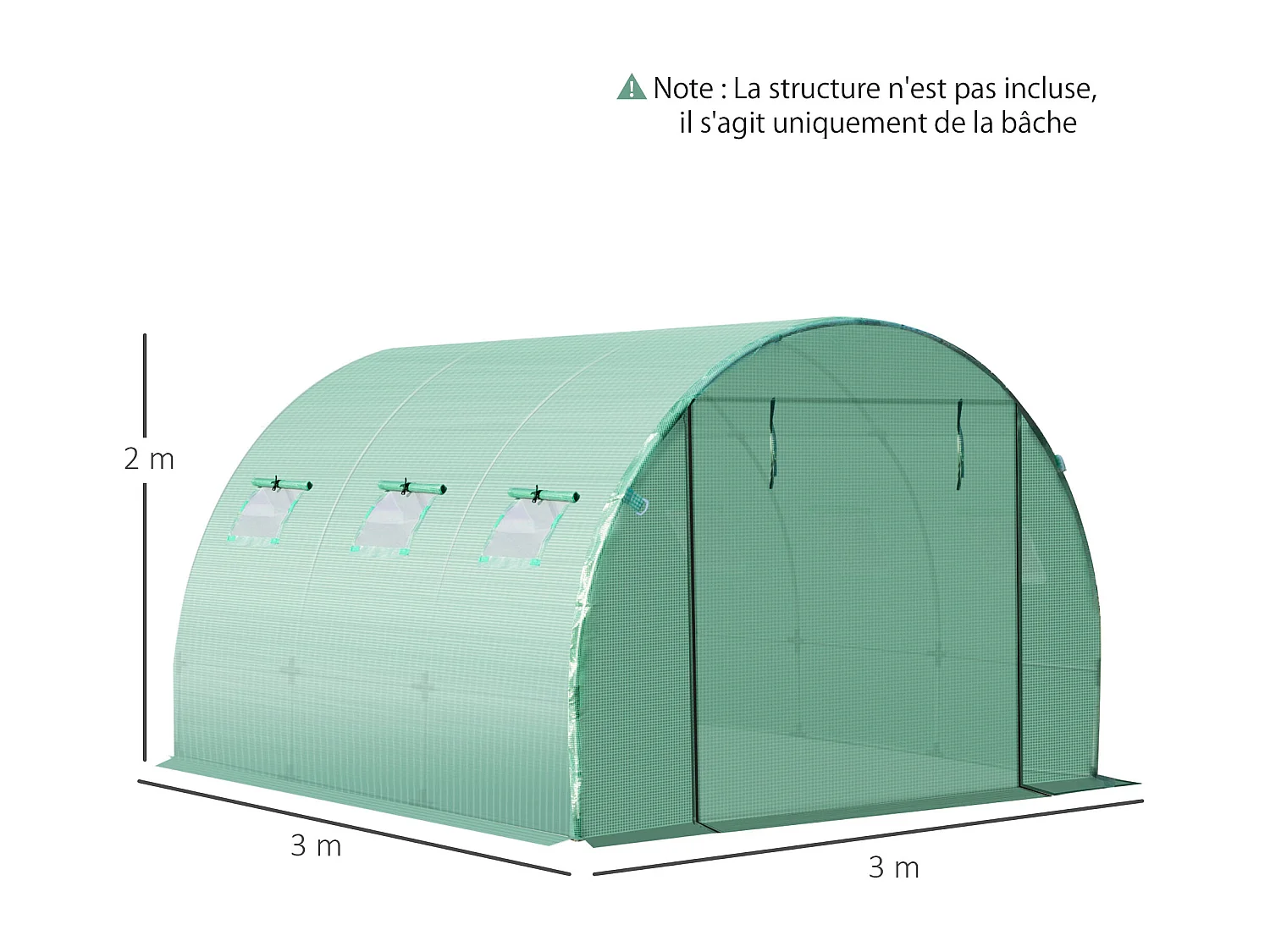 Bâche de rechange serre tunnel 9 m², bâche dim. 3L x 3l x 2H m PE anti-UV imperméable 6 fenêtres + porte enroulable zippée vert