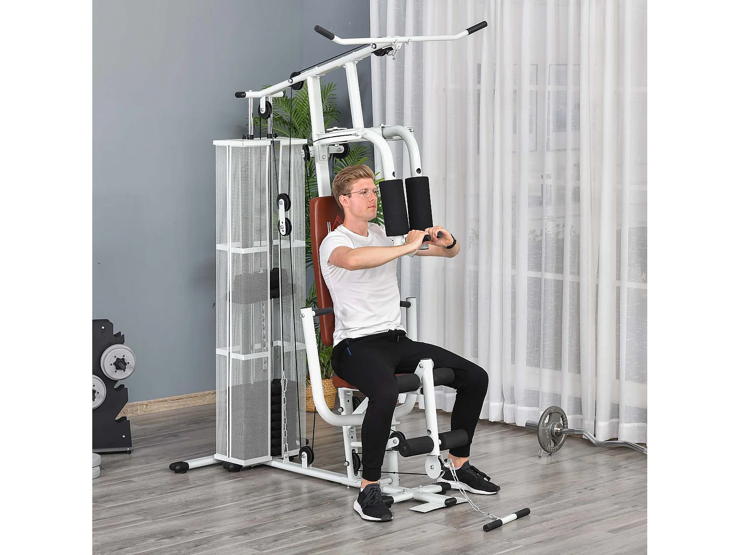 Station de musculation - entrainement complet - développé couché, butterfly, barre latissimus, curler, bande résistance - 10 contrepoids - acier blanc