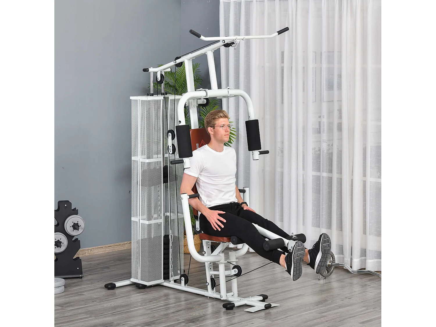 Station de musculation - entrainement complet - développé couché, butterfly, barre latissimus, curler, bande résistance - 10 contrepoids - acier blanc