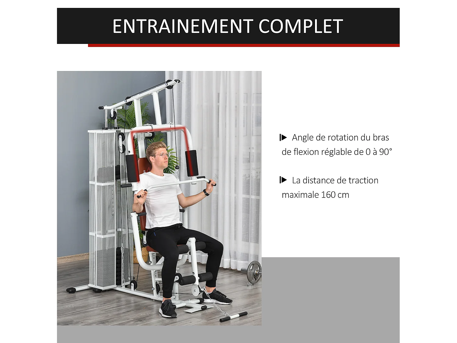 Station de musculation - entrainement complet - développé couché, butterfly, barre latissimus, curler, bande résistance - 10 contrepoids - acier blanc