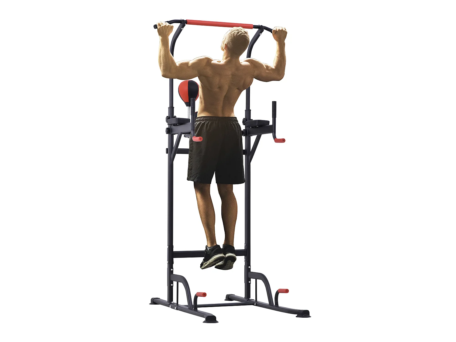 Station de traction musculation multifonctions punching ball chaise romaine hauteur réglable acier noir rouge