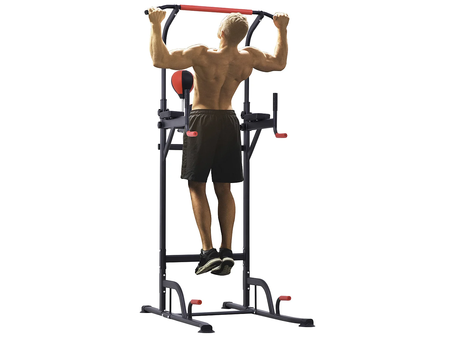 Station de traction musculation multifonctions punching ball chaise romaine hauteur réglable acier noir rouge