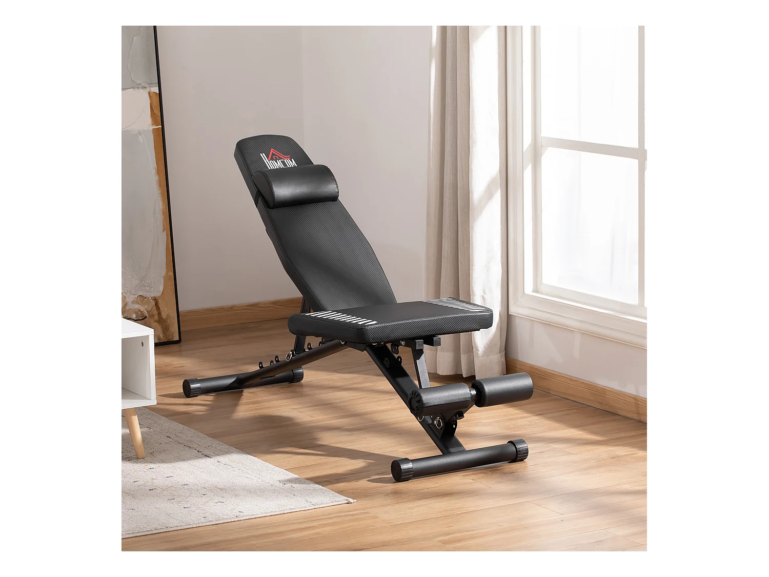 Banc de musculation pliable - dossier réglable 6 niv. assise 3 niv. - rembourrage épais, tétière amovible - acier noir synthétique effet fibre carbone